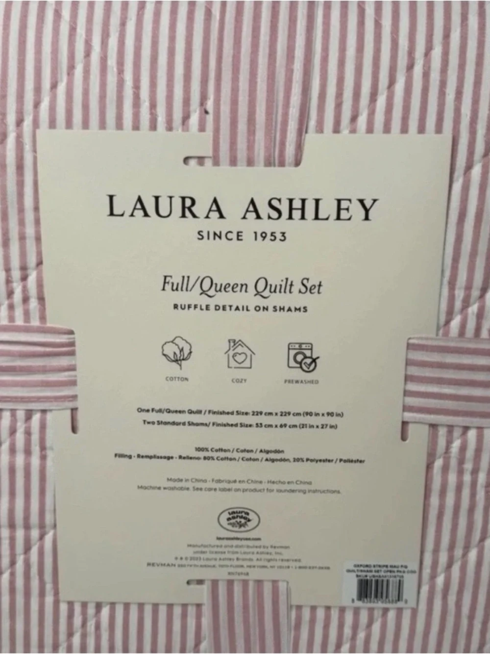 Laura Ashley ~ Full/Queen PINK Oxford Stripe Quilt/Sham Set ~ Reversible Cotton